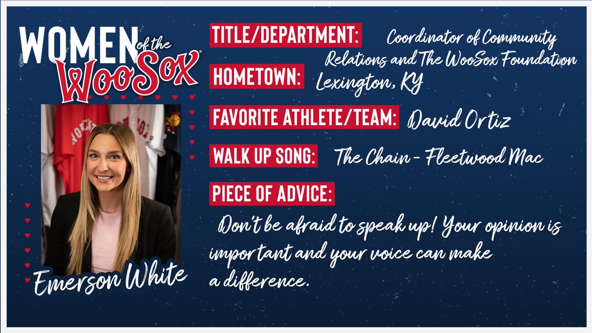 WooSox's tweet photo. Throughout #WomensHistoryMonth, we will recognize and thank the Women of the WooSox. Today, meet our Coordinator of Community Relations and the WooSox Foundation, Emerson White! https://t.co/ieeuNSjJ4a