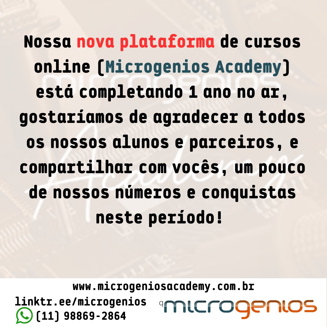 microgenios's tweet photo. Conheça um pouco mais sobre a #MicrogeniosAcademy , alguns de nossos números neste período de 1 ano.
#microgenios #IoT #microcontrolador #ESP32 #Arduino #RaspberryPi #PIC #AVR #ARM #MQTT #FreeRTOS #PCB #PCI #LinguagemC #Python #LoRa #Flowcode #KiCAD #ModBUS #EaglePCB https://t.co/nSN2L3H0Cf