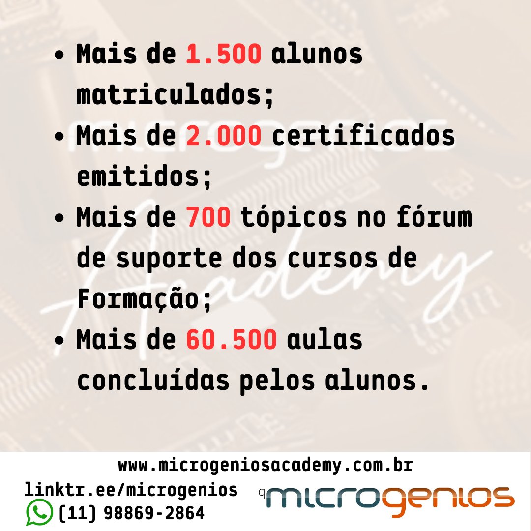 microgenios's tweet photo. Conheça um pouco mais sobre a #MicrogeniosAcademy , alguns de nossos números neste período de 1 ano.
#microgenios #IoT #microcontrolador #ESP32 #Arduino #RaspberryPi #PIC #AVR #ARM #MQTT #FreeRTOS #PCB #PCI #LinguagemC #Python #LoRa #Flowcode #KiCAD #ModBUS #EaglePCB https://t.co/nSN2L3H0Cf