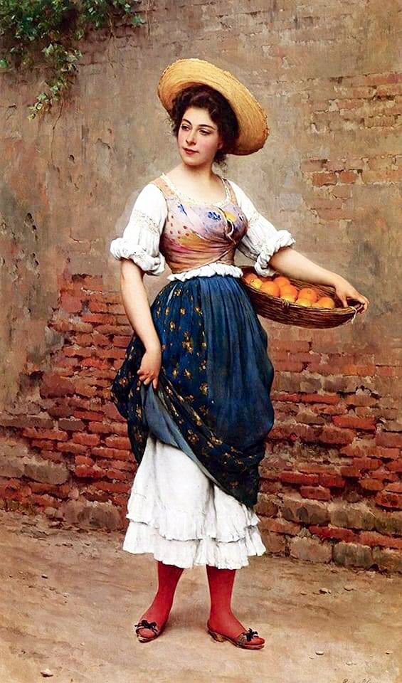 Young woman with Basket of Oranges and Lemons By Eugene de Blaas ( Italian 1843 - 1932 )