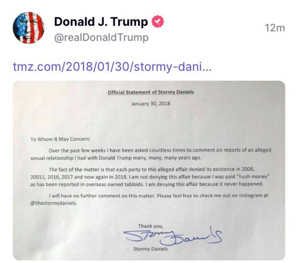 #BREAKING: Stormy Daniels’ letter denying her affair with Trump was posted by Trump on Truth Social. 

In the letter: 

1) She denies the affair 

2) She explains that she also denied the affair in 2006, 2011, 2016, 2017 and 2018.

3) She explains that she is not denying her