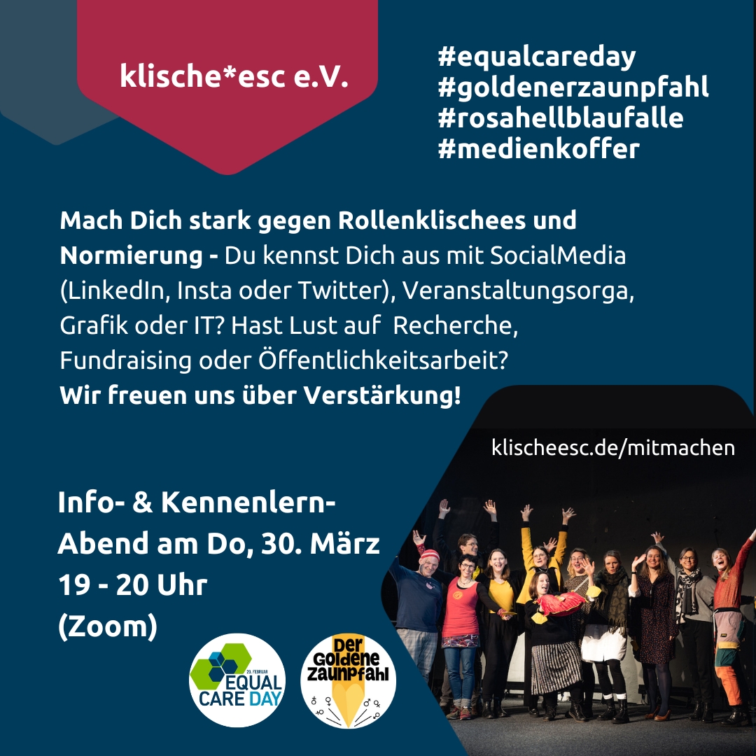 GoldenerZaun_'s tweet photo. 📣 Komm ins Goldene Team und setze dich mit uns gegen #Gendermarketing und Geschlechterstereotypen ein! Wir starten in die neue Zaunpfahl-Saison und freuen uns über tatkräftige Verstärkung unseres ehrenamtlichen Teams!

⏰ Kennenlern-Termin: Do, 30. März, 19 Uhr (online)

🧵 1/x https://t.co/iYjdDcXbxs