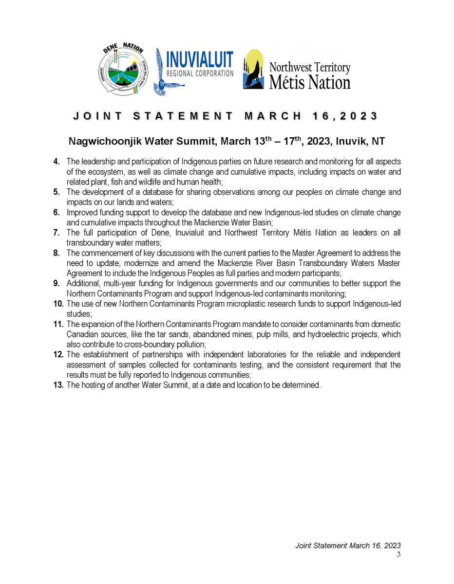 A joint statement from <a href="/NationDene/">Dene Nation</a>, <a href="/InuvialuitCorp/">Inuvialuit</a>, and Northwest Territory Métis Nation following the Dene Nation Nagwichoonjik Water Summit. The summit was called to address the many outstanding concerns and issues associated with water in the north:
#cdnpoli #abpoli #nwtpoli