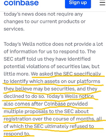 It's like being thrown in jail and not being told what you were arrested for. 

<a href="/brian_armstrong/">Brian Armstrong</a> says the <a href="/SECGov/">U.S. Securities and Exchange Commission</a> canceled a meeting with <a href="/coinbase/">Coinbase 🛡️</a> before receiving a Wells notice after having paid "tens of millions" of dollars in an effort to come into compliance.