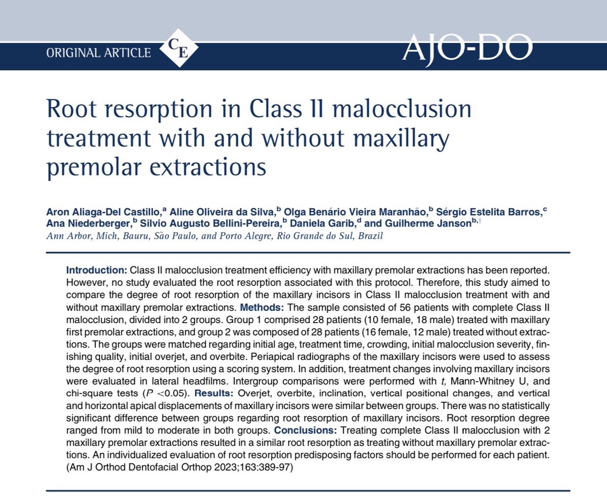 AhmedKetab's tweet photo. “Root resorption in Class II malocclusion treatment with and without maxillary premolar extraction”

- En-masse retraction was used in the EXT cases.
- Headgears and Class II elastics were utilized in the non-EXT cases.

- Similar root resorption was observed with both groups. 👍 https://t.co/KT5nKVQEEX