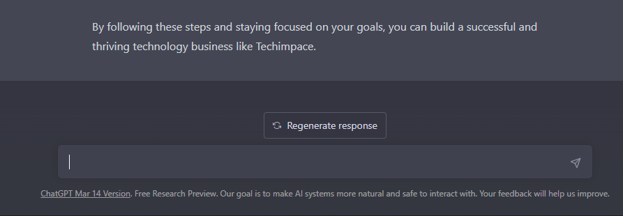 techimpace's tweet photo. Feeling Happy When ChatGPT is suggesting somebody to have a Technology business like us.

#ChatGPT #techimpace https://t.co/lhqkPmtZvV