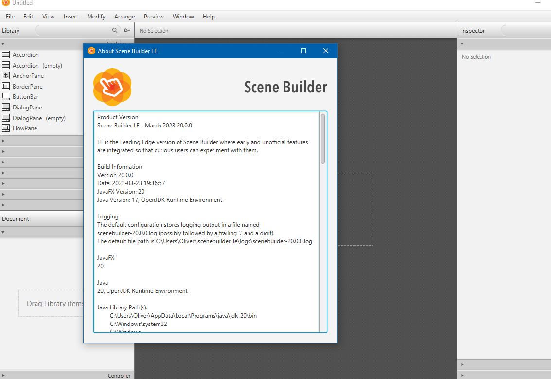 Raumzeitfalle's tweet photo. If you like #Java and and #JavaFX, give Scene Builder Leadinge Edge a try. Its latest version runs with Java 20 using JavaFX 20 and it combines many of the pending PRs so that one can test the functionality. Feel free to share your feedback on Github. https://t.co/1M8DP7d0Bm https://t.co/TYdQKI8yzf