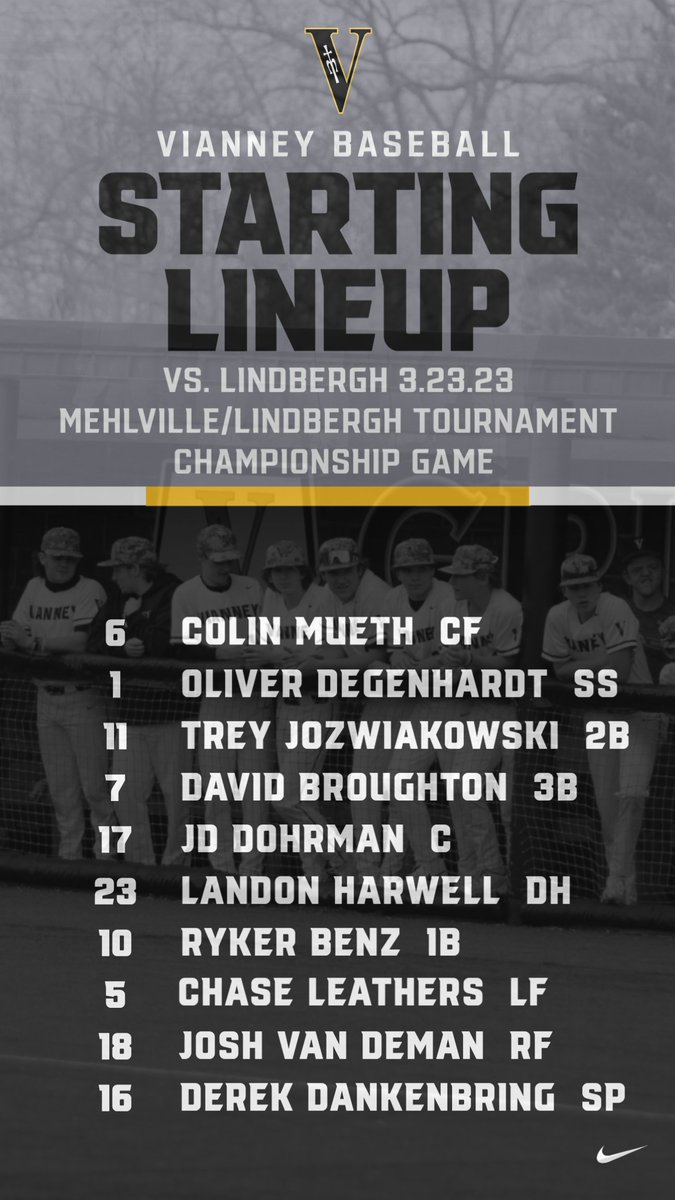 GAMEDAY Mehlville/Lindbergh Tournament Championship. Here is the starting lineup for @vianneybaseball