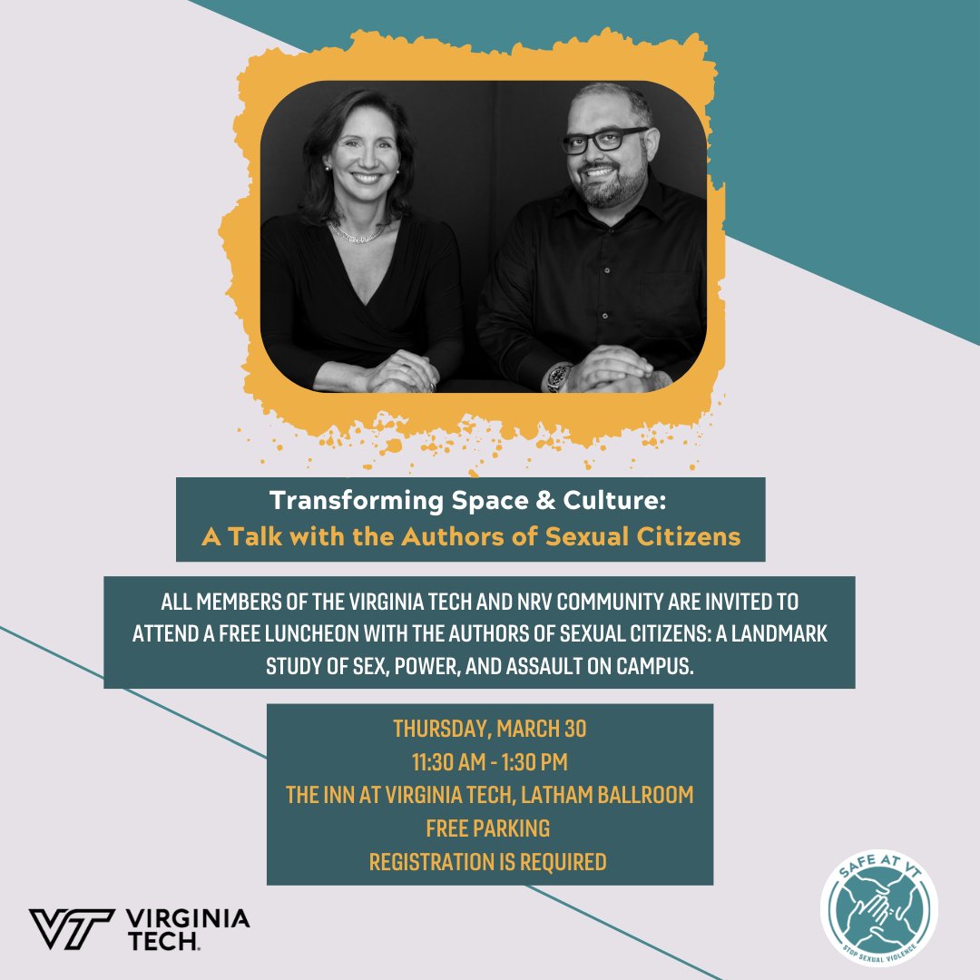 StudentsAtVT's tweet photo. In collaboration with Safe at VT, join a discussion with the authors of Sexual Citizens: A landmark Study of Sex, Power, and Assault on Campus.

▶️May 30th, Inn at VT
▶️Free Luncheon and Parking
▶️ 11:30 am - 1:30 pm
📣Registration required: https://t.co/n9f3sZQD2f https://t.co/75kWDqeGNO