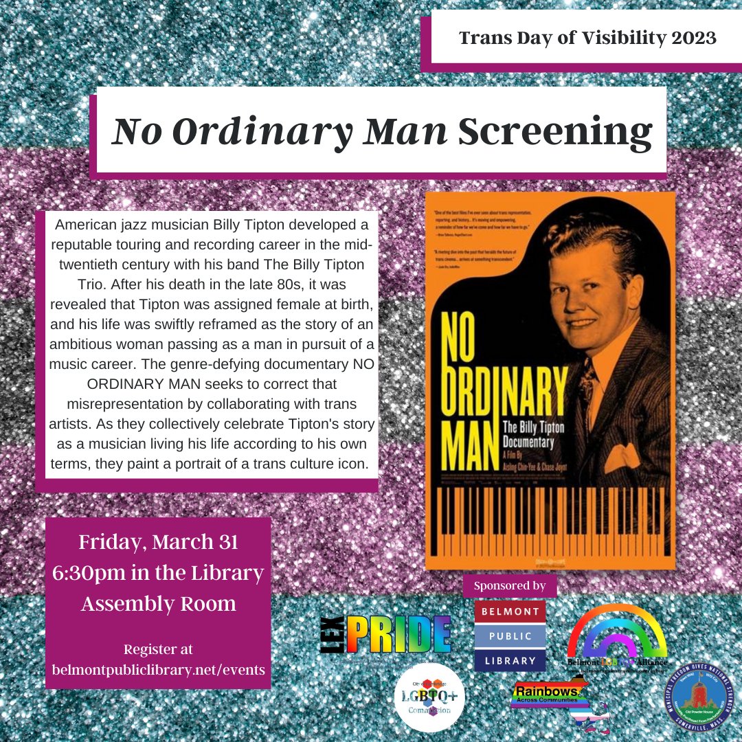 Celebrate Trans Day of Visibility with us! On March 31st at 6:30pm in the Library's Assembly Room we'll be screening No Ordinary Man, a documentary about the life of trans icon Billy Tipton. Register here(#linkinbio): bit.ly/3TaTPcM
#TDoV #belmontlibma #belmontma