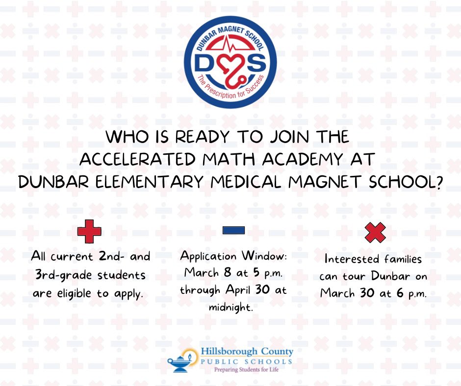 We are looking for current 2nd and 3rd grade mathematicians that are interested in applying for our Math Academy Program in <a href="/HillsboroughSch/">Hillsborough Schools</a>! Our info session is open to families wanting to learn more next Thursday, March 30 at 6pm #ONLYatDunbar! <a href="/SDHCMagnet/">HCPS Magnet Schools and Programs</a>