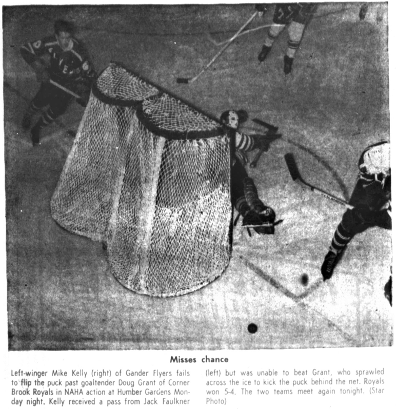 nlhh1896's tweet image. #NLSeniorHockeyFlashback: Corner Brook Royals' netminder @doug_grant1 stops Gander Flyers Mike Kelly and Jack Faulkner at Humber Gardens Monday night December 15, 1969. CB's top line was Danky Dorrington (league scoring leader), Jim Guy &amp;amp; Gerry Lahey. The league leading Royals…