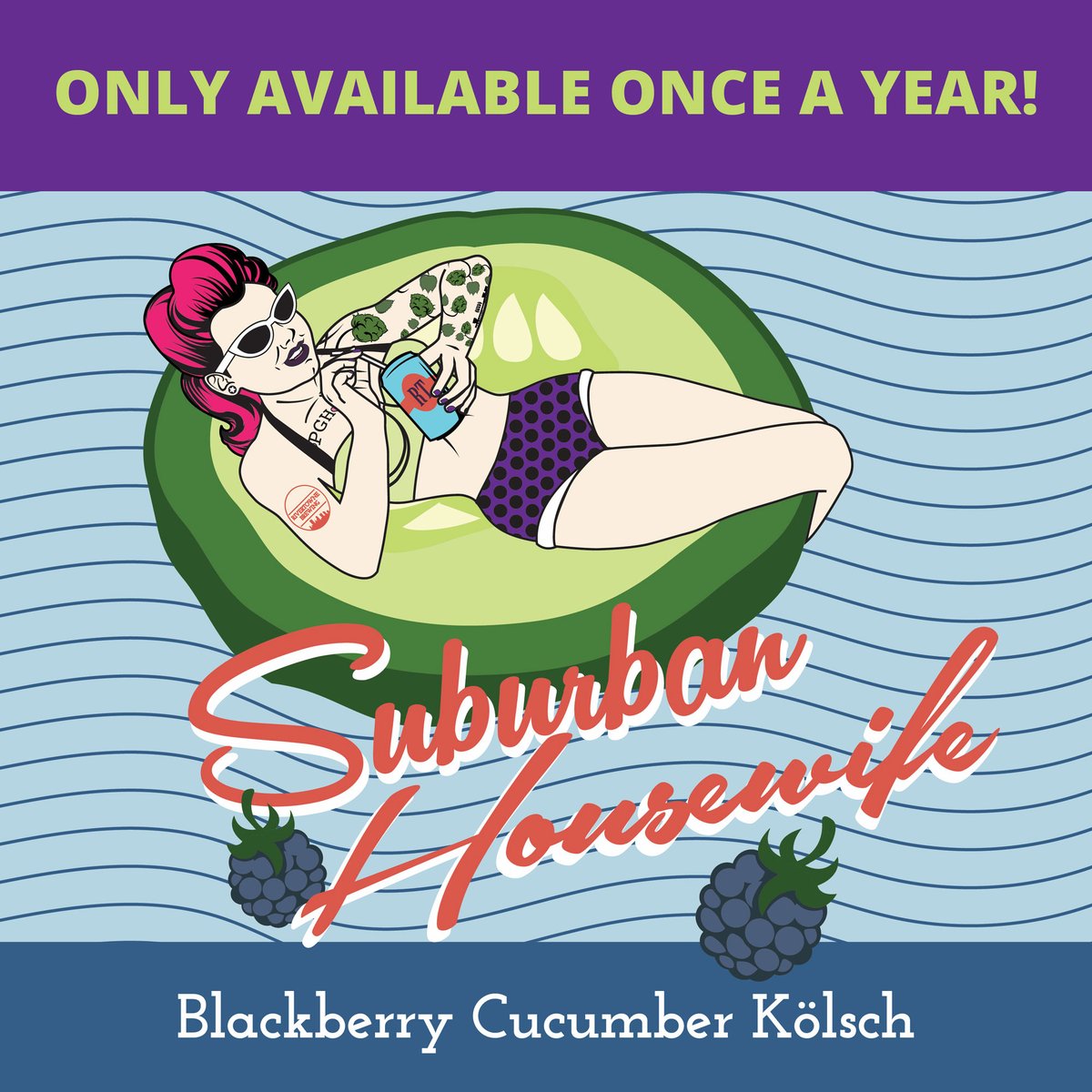 Suburban Housewife-our fun &amp; fruity signature spring release, conditioned on copious amounts of blackberry puree &amp; natural cucumber flavors-crisp one-of-a-kind light ale 5.5% ABV. Available March 31. This brew only comes around once a year - when it's gone, it's gone!
