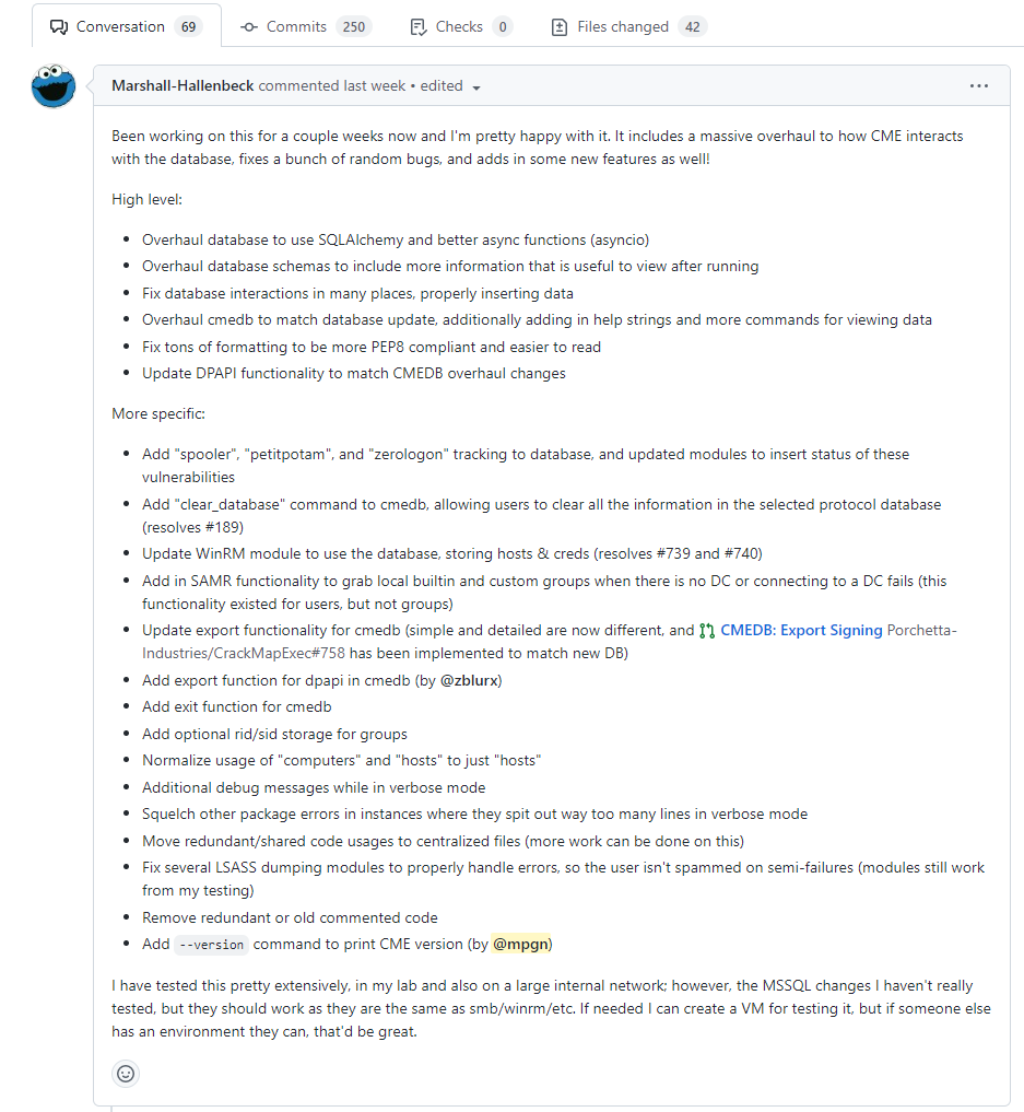 mpgn (@mpgn_x64) on Twitter photo Version 5.4.6 of CrackMapExec is out for sponsors on <a href="/porchetta_ind/">Porchetta Industries</a> & there is some breaking changes⚠️
<a href="/MJHallenbeck/">Marshall';--🐼🍌</a> decided to rewrite cmedb to use SQLAlchemy, he pretty much fix all the issues🚀
<a href="/_zblurx/">Thomas Seigneuret</a> decided to push his module ntdsutil to avoid crashing the DC on 2019 🧙♂️ Version 5.4.6 of CrackMapExec is out for sponsors on <a href="/porchetta_ind/">Porchetta Industries</a> & there is some breaking changes⚠️
<a href="/MJHallenbeck/">Marshall';--🐼🍌</a> decided to rewrite cmedb to use SQLAlchemy, he pretty much fix all the issues🚀
<a href="/_zblurx/">Thomas Seigneuret</a> decided to push his module ntdsutil to avoid crashing the DC on 2019 🧙♂️