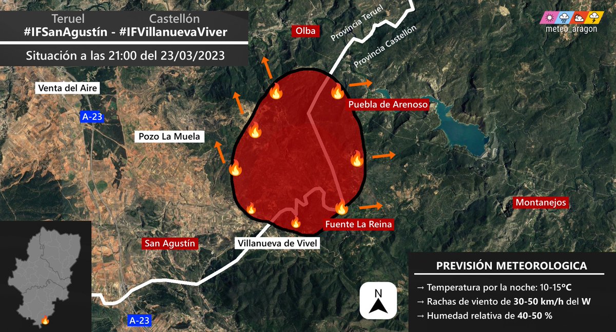 meteo_aragon's tweet photo. Esta es la situación a las 21:00 aproximadamente del #IFSanAguntín - #IFVillanuevaViver, en el que según las primeras estimaciones, han ardido hasta el momento más de 1.000 hectáreas, y se ha convertido en el primer gran incendio forestal de este 2023 en España 🔥 https://t.co/lBFlQ61dlE