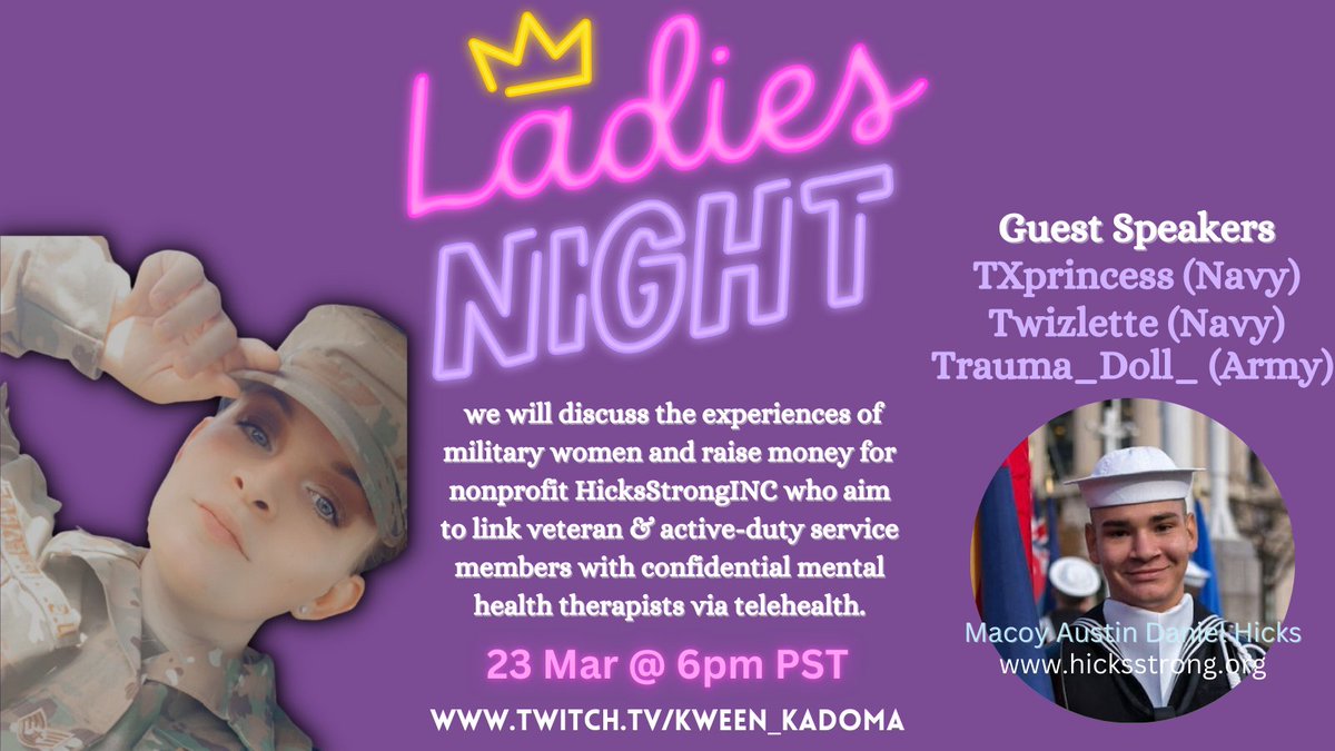 kweenkadoma's tweet photo. Tonight, is a very special Ladies Night stream!
We will be discussing our experiences in the #military service as well as raise money for #HicksStrongInc. You can donate here: https://t.co/IIl3Vlvixj
Guests:
@TXPrincessTTV | @twizlette_ | @Trauma_Doll_ 
#getwet #twitch #charity https://t.co/pAIU3KhSbN