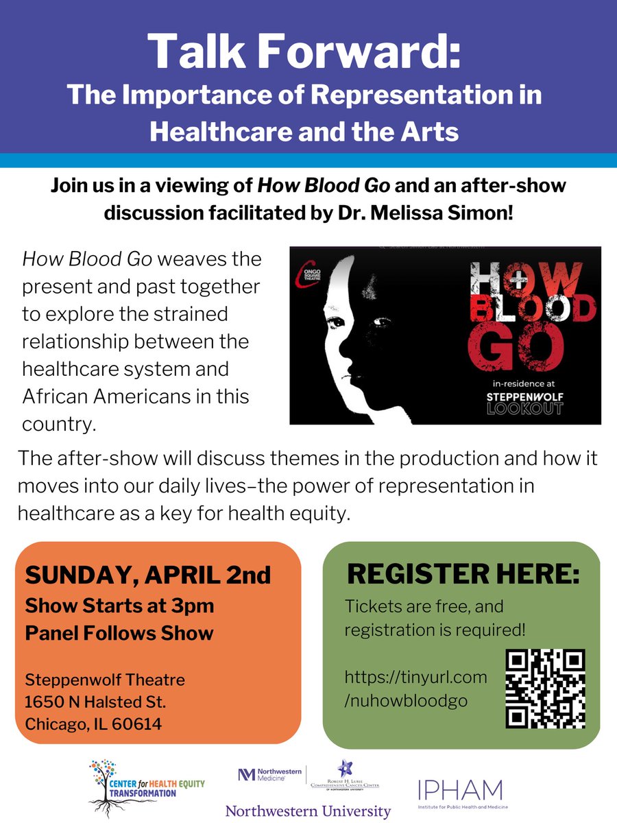 Join us April 2 for a screening of “How Blood Go,” and a discussion about the importance of representation facilitated by <a href="/LurieCancer/">Lurie Cancer Center</a>’s <a href="/DrMelissaSimon/">Melissa Simon</a> with @congosquareCHI cast &amp; creative, including <a href="/YolondaRoss/">Yolonda Ross</a>. Register for <a href="/HealthEquityNU/">Elevate Lab</a>’s eventbrite.com/e/how-blood-go…