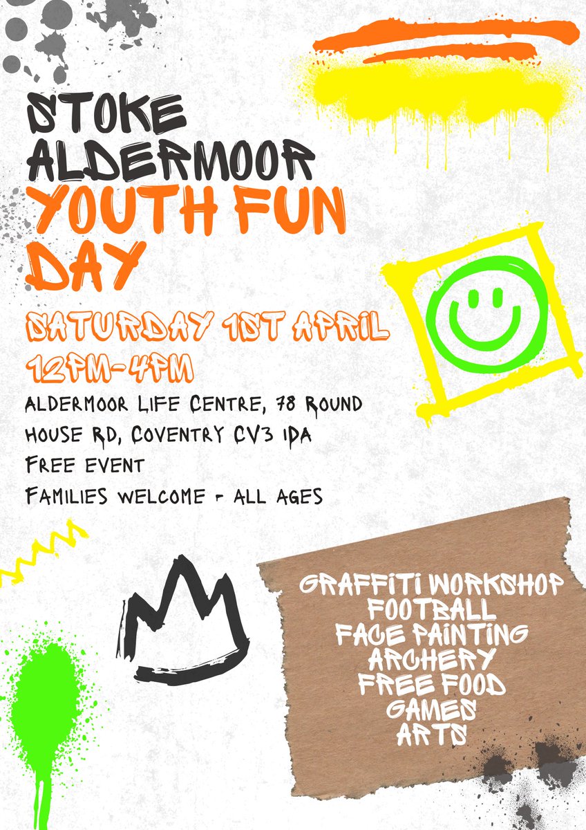Suzie Crowter (@suziekatie) on Twitter photo Youth Fun Day, Stoke Aldermoor Life Centre Coventry 📍
Sat 1 April 12-4pm 📅
🖌 Graffiti workshops
🎯 Archery
⚽️ Football
🎨 Arts and crafts
🗿 Virtual sculpture modelling and 3D printing
🥤 Free snacks and drinks
#CovHour Youth Fun Day, Stoke Aldermoor Life Centre Coventry 📍
Sat 1 April 12-4pm 📅
🖌 Graffiti workshops
🎯 Archery
⚽️ Football
🎨 Arts and crafts
🗿 Virtual sculpture modelling and 3D printing
🥤 Free snacks and drinks
#CovHour