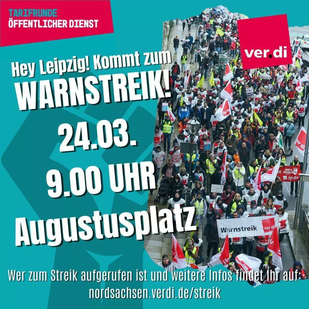 Die Gewerkschaften haben am 23.03 zum Streikratschlag am Volkshaus eingeladen - und wir waren auch vor Ort! Es wurde in kämpferischer Atmosphäre die aktuelle Streikrunde im öffentlichen Dienst, Nahverkehr, Kitas etc. vorbereitet! 🚩🔥 #warnstreik #leipzig #verdi #dielinke