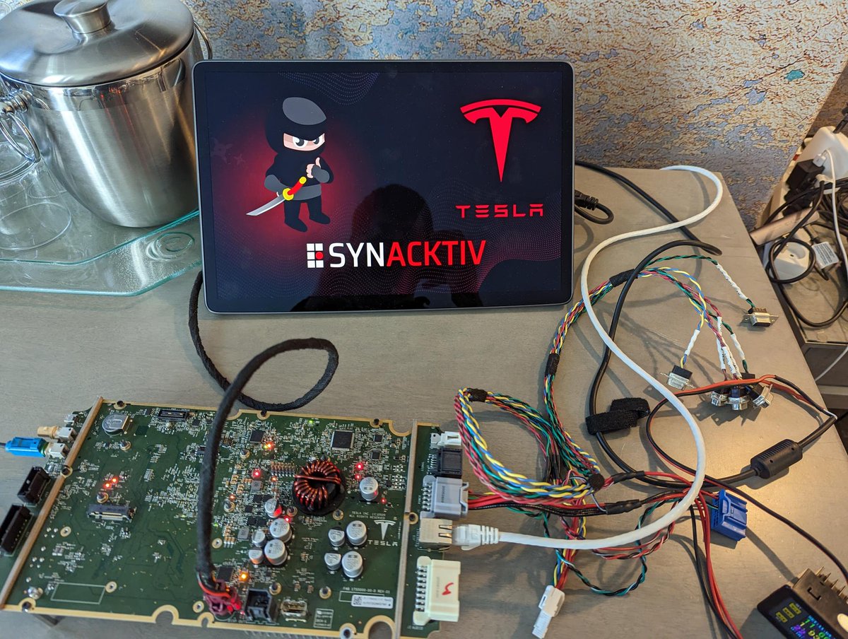 Synacktiv's tweet image. After having finished their exploit in an hotel room, @_p0ly_ and @vdehors successfully compromised the Tesla Model 3 infotainment through bluetooth and elevated their privileges to root!
Combined with the previous entry, this could have been a full chain to take over the car!