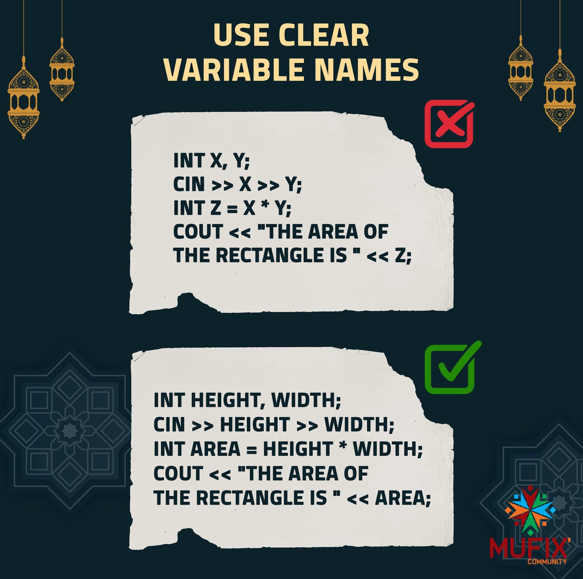 MUFIXCommunity's tweet image. وأنت بتكتب الـ"Code" اتعود دايماً تكتب أسماء الـ"Variables" بحاجة ليها علاقة بيها عشان لما ترجع تشوفه تاني أو تستخدمه سواء أنت أو حد غيرك يكون فاهم الـ"Code" ده بيعمل إيه ✅
#Clean_code
#MUFIX_Community