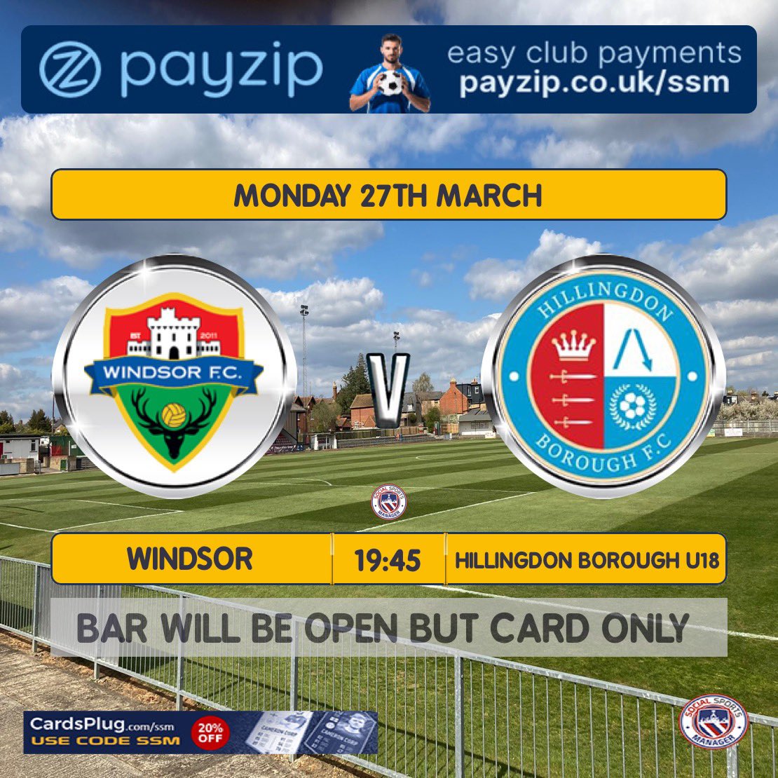 MNF returns Monday as we welcome @hbfc_1872 18’s to Stag Meadow in the league

📆 - Mon 27th March
⏰ - 7:45pm
📍 - Stag Meadow <a href="/windsorfc/">Windsor FC</a> 
🎟️ - £4 Adult / £2 u16/+60 card/cash

Our 1st game of 2 next week! Come and support the boys as we continue our run with 2nd vs 3rd ❤️💚⚽️