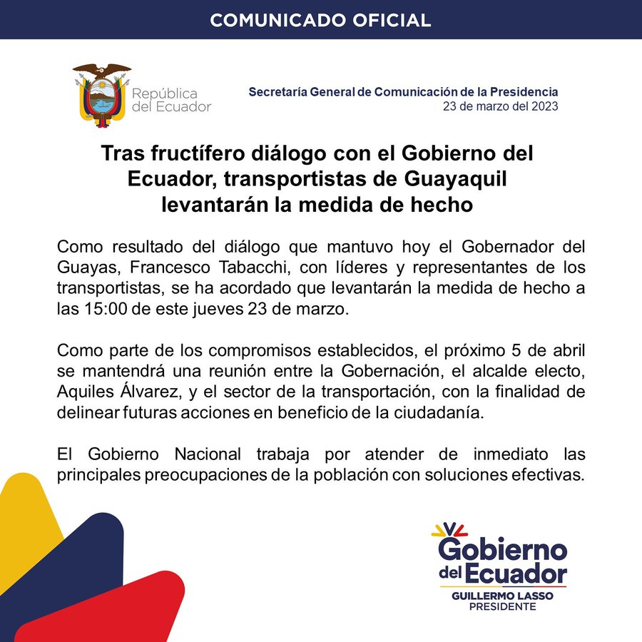 lahistoriaec's tweet photo. Se acabó el paro, sin tomar en cuenta a Cynthia. Gobierno anuncia que esta tarde se reanudará el transporte urbano en #Guayaquil, suspendido en la mañana por paro. El 5 de abril habrá reunión con el alcalde electo Aquiles Álvarez para ver qué se hace con la subida de pasajes. https://t.co/pt7QXDEofk