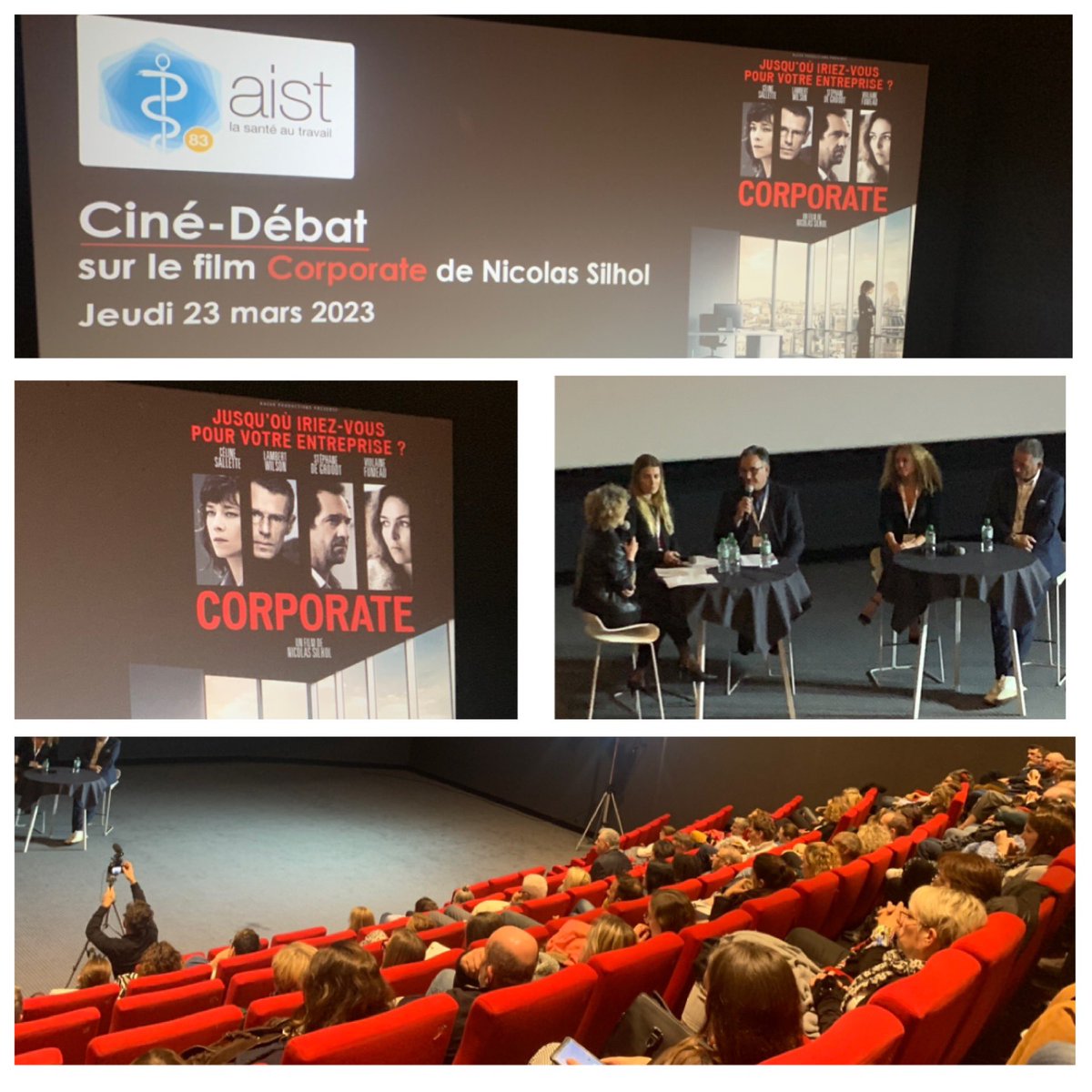 Soirée Ciné-Débat avec l’#Aist 
Autour du film  « Corporate » de #NicolasSilhol 
Échanges sur les thèmes du Harcèlement, des RPS, du risque suicidaire, du management … et le rôle de prévention de l’austérité
#yveskerboriou
#nathalierocailleux #Icarerelience
#sandrineMolineri