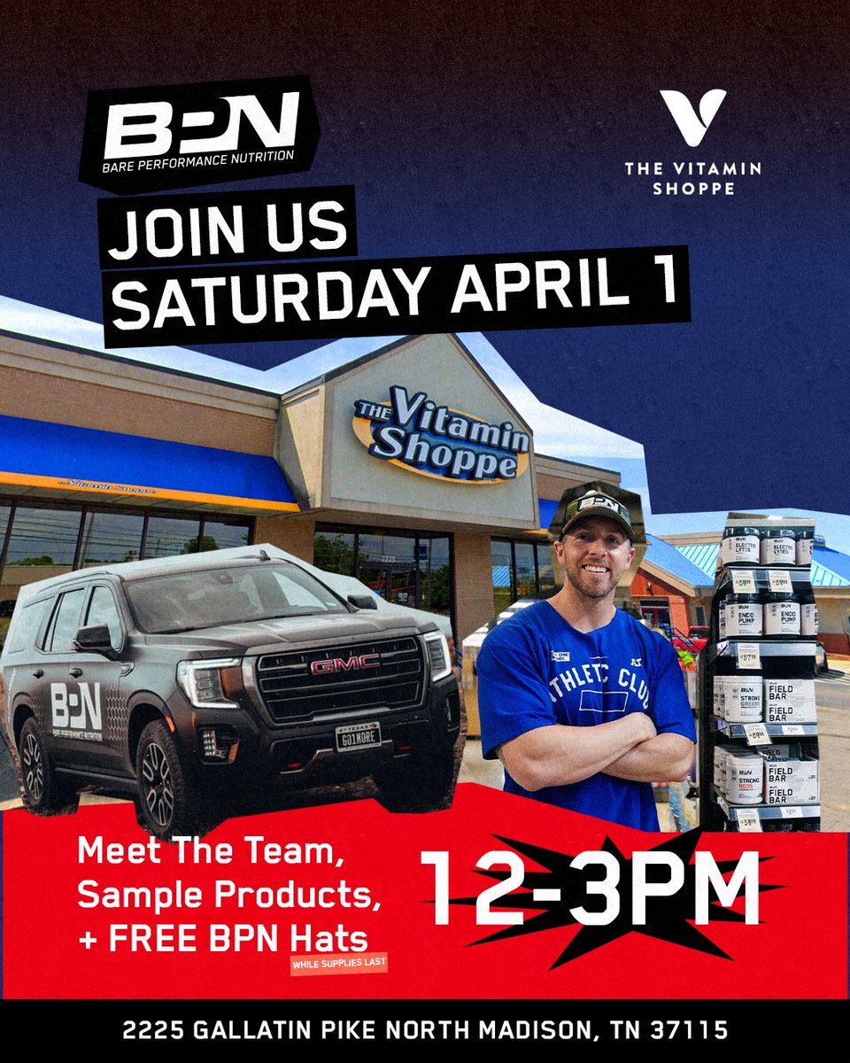 BPN is taking over Nashville 🫵

Come hang with <a href="/NickBareFitness/">Nick Bare</a> and the team at not one, but TWO Athletic Clubs and a <a href="/VitaminShoppe/">The Vitamin Shoppe</a> pop-up!