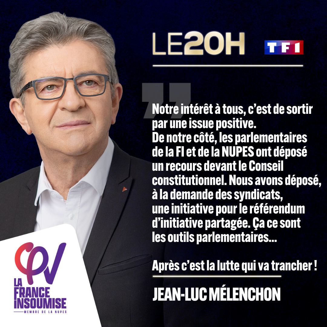 's tweet image. 🎙 @JLMelenchon : "Notre intérêt à tous, c'est de sortir par une issue positive !"

#LE20H
#Manif23Mars
#CensurePopulaire