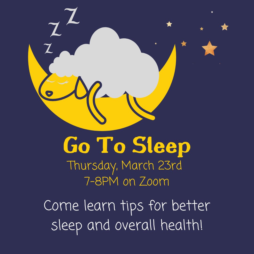 Time to go to sleep! Join us and the Wellness Center tonight for an informative session on sleep 💤 Being your best everyday depends on it! Come talk sleep with us!