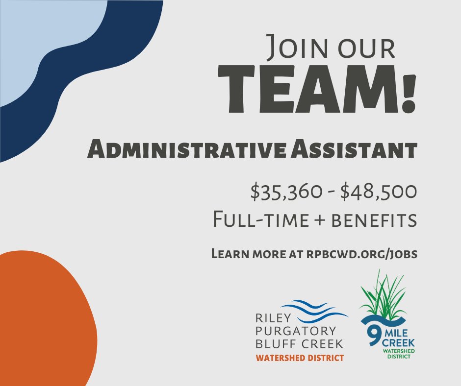 RPBCWD's tweet photo. We're hiring a full-time Administrative Assistant! This position will provide administrative support to staff at RPBCWD and @9milecreekwd. The Administrative Assistant will split time roughly 60/40 between the two offices. Learn more at https://t.co/Yd6b6gaRBP. https://t.co/5UVgcs1TOR