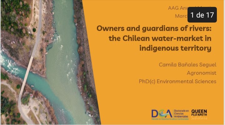 💦 Today I get to share part of my PhD research about #WaterRights rights in Mapuche #IndigenousTerritory of southern Chile.
at the Politics of #RiverScience session in the #AAG2023 Denver.
🔜 2:40 PM to 4:00 PM in Governors Square 9, Sheraton, Concourse Level.