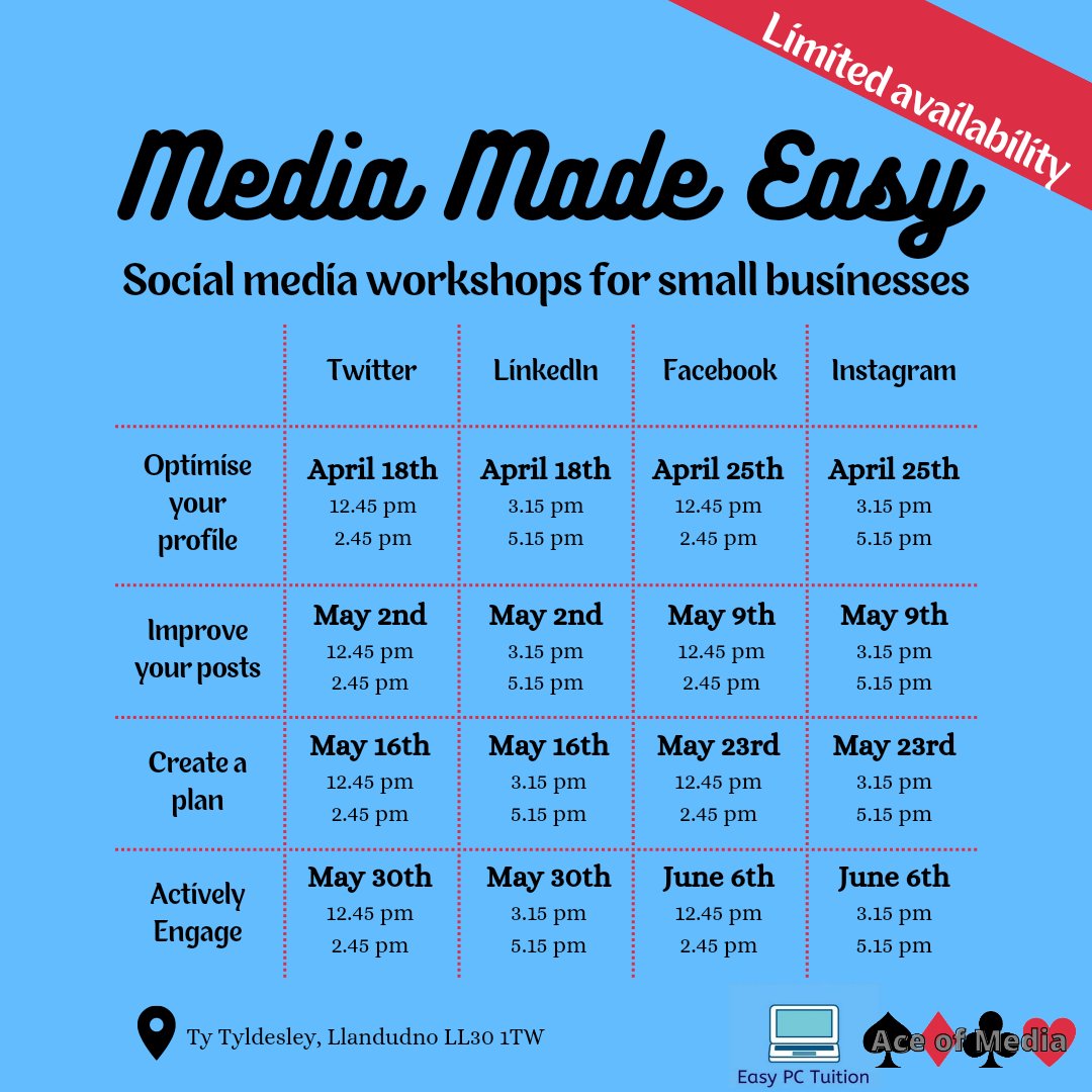 Ace_of_Media's tweet photo. Evening #nwaleshour 👋 How are you all?
I can't wait for Tuesday! @EasyPCTuition and I are running the taster sessions for #MediaMadeEasy 😄
There's still availability, if you'd like to know more let me know. This is the schedule to all the workshops 🤩 https://t.co/qbDaIfau8W