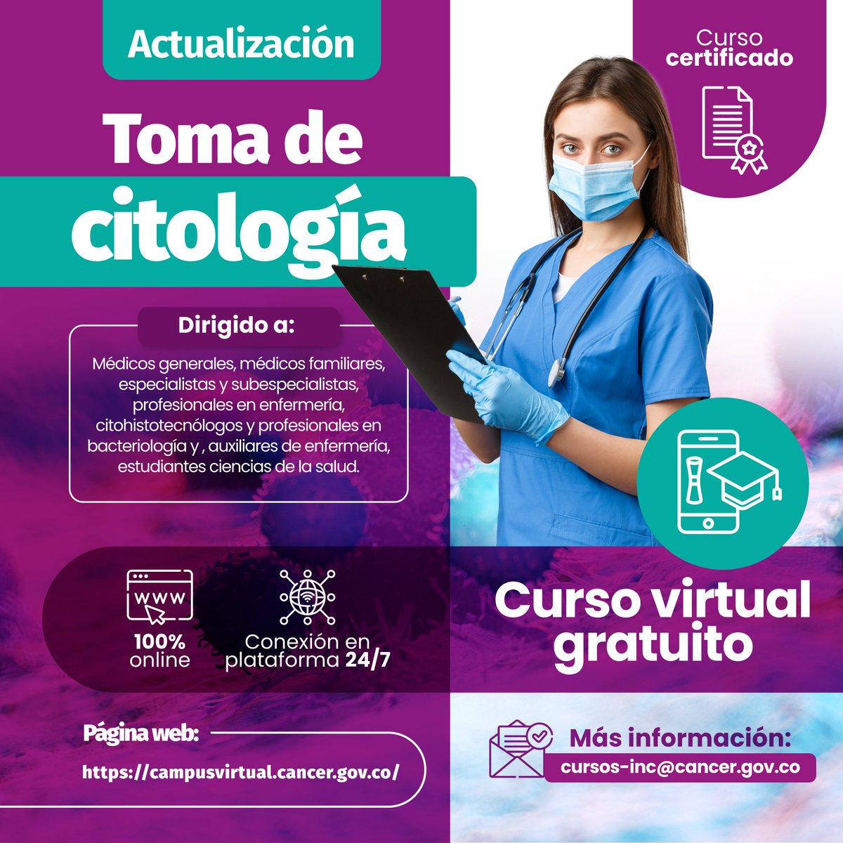 INCancerologia's tweet image. ¡Aumenta tus conocimientos! 
Este curso te brindará las herramientas teóricas más actualizadas sobre toma de #citología y tamizaje en #cáncerdecuellouterino. 
Todos nuestros cursos virtuales son 100% gratuitos, #virtuales y certificables.
Inscríbete: campusvirtual.cancer.gov.co/plan-estudios/…