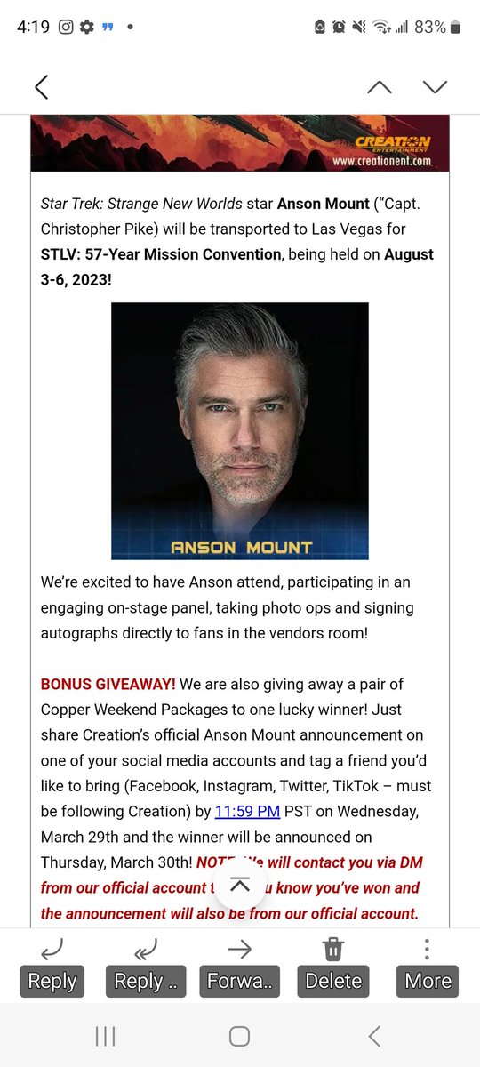 Anson Mount added to Creation Trek Vegas!!
Heading to Vegas with <a href="/bworiginals2/">Bryan Robertson</a>. Would love to win free tickets!!!
#creationent