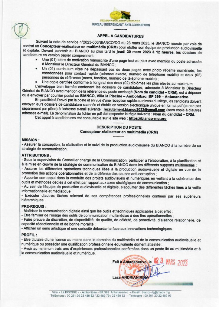corruptionmada's tweet photo. RECRUTEMENT: Le Bureau Indépendant Anti-Corruption recrute: Un Concepteur-réalisateur en multimédia (CRM) Date de clôture: jeudi 30 mars 2023 à 12 heures https://t.co/HcqE0xxvbL https://t.co/QQ9I2K525N