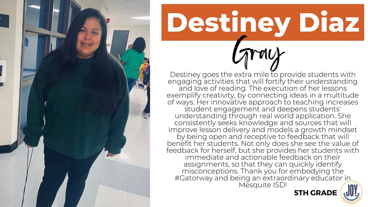 When you think about the phrase "additional effort", what comes to mind? Check out how Destiney Diaz at Gray Elementary is continually giving additional effort to her students and campus, and how she embodies the #Gatorway! #westsidebestside 

👉 Read more bit.do/behindthejoy
