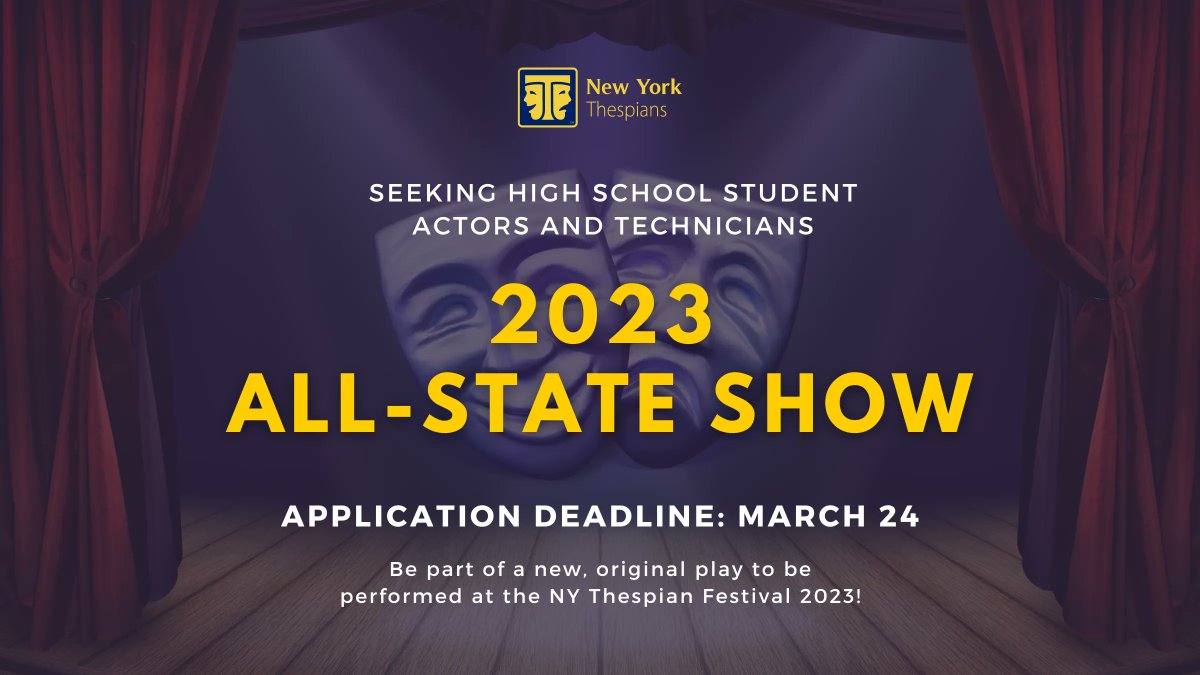 We are seeking high school student actors and technicians to be part of a new, original play to be performed at the NY Thespian Festival 2023! 🎭 This is a great opportunity to meet new people and gain experience! For more information, visit: buff.ly/3Z6vSVZ

#NYThspians