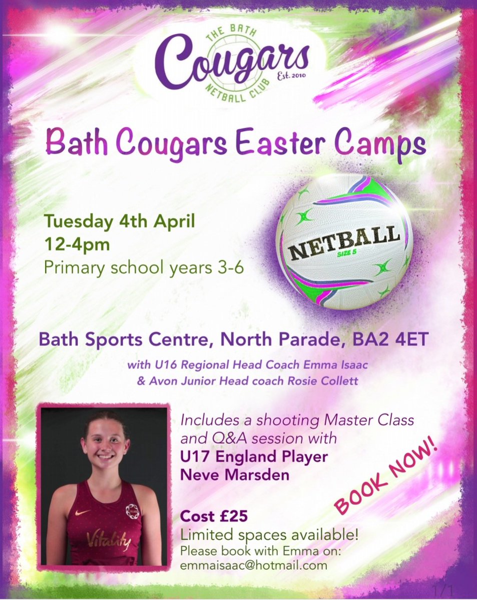 bath_nc's tweet image. Still a few spaces left on our primary age group Easter Camp on the 4th April at Bath Sports Centre. Get booked on! 💜💚
#netball #eastercamp #bathcougars
@bathlive @WeLoveBath @NeveMarsden