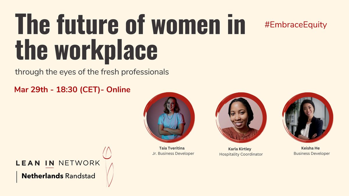 LeanInNL's tweet image. Join us in our next panel as we bring three bright women from different backgrounds, nationalities and ethnicities to discuss their view on the future of women in the workplace to share on their view are fresh professionals

rpb.li/eXYr