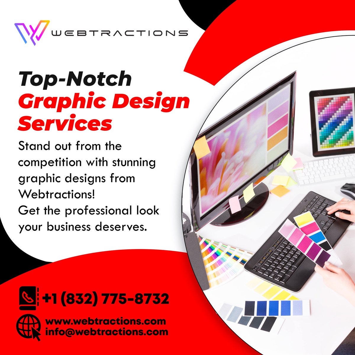 Webtractions1's tweet photo. Top-Notch Graphic Design services for businesses 
Stand out from the competition with stunning graphic designs from Webtractions! Get the professional look your business deserves.
US Phone: (832) 775-8732 | Email: info@webtractions.com | Website: https://t.co/Ez6RdyWh4X
#SEO https://t.co/lo3n396cCQ