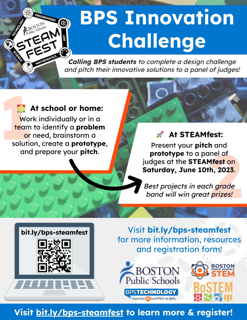 Anita Lavakumar, Ed.D. (@csatbps) on Twitter photo We are looking for teams of <a href="/BostonSchools/">BostonPublicSchools</a>  students to compete in the first BPS Innovation Challenge, which will take place during the #STEAMfest on 6/10/23. See our website (bit.ly/bps-steamfest) for more info or sign up to attend an info session on 3/28 (3pm) or 3/30 (6pm). We are looking for teams of <a href="/BostonSchools/">BostonPublicSchools</a>  students to compete in the first BPS Innovation Challenge, which will take place during the #STEAMfest on 6/10/23. See our website (bit.ly/bps-steamfest) for more info or sign up to attend an info session on 3/28 (3pm) or 3/30 (6pm).