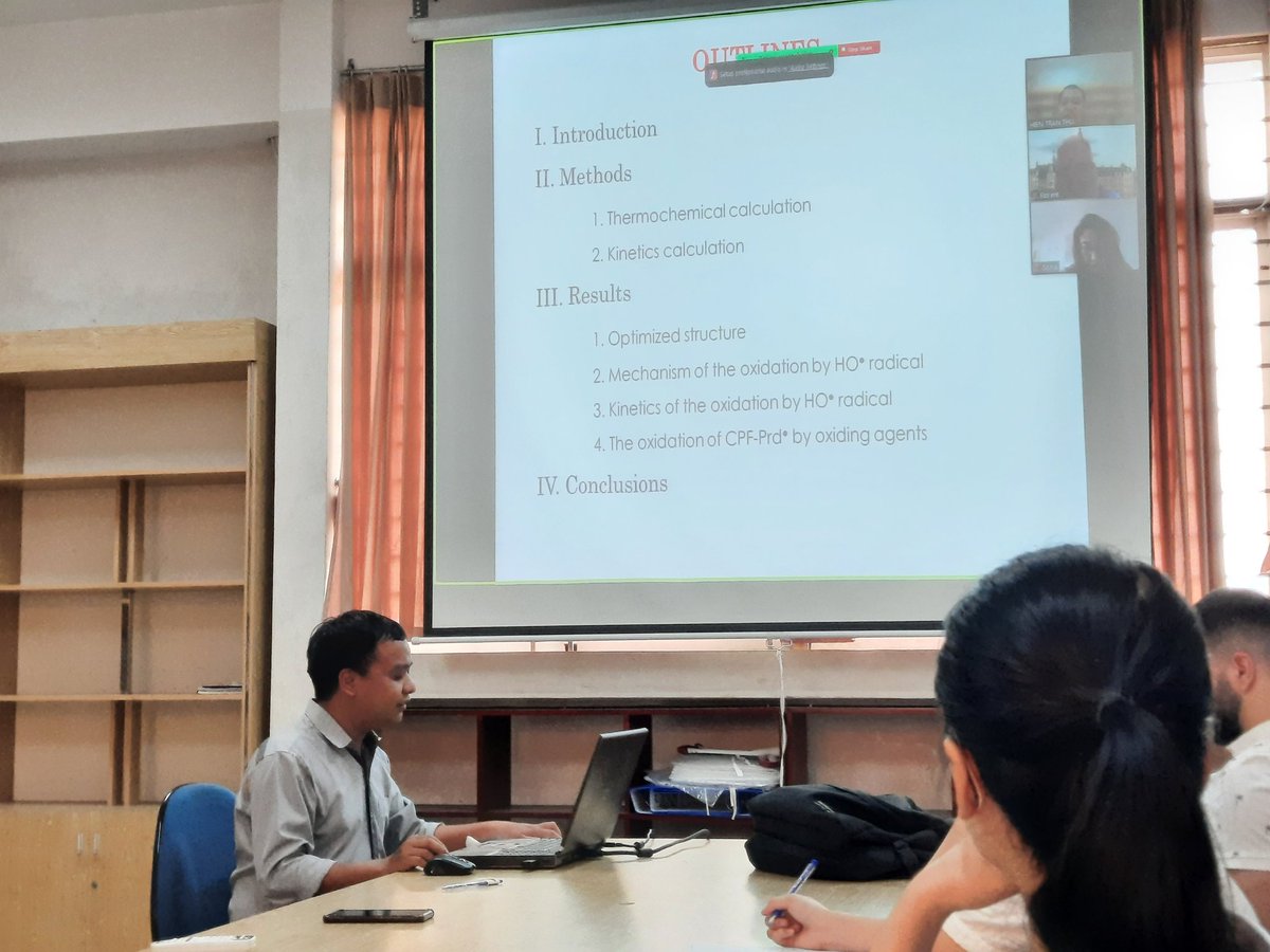 《Seminar at DTC2 Lab》
We thank you the invited talks of @HishamRws (from @PC2A_umr8522 of Univ Lille, France) and <a href="/DinhHieu_Chem/">Dinh Hieu Truong</a> on the atmospheric degradation of Fenpyrazamine and Chlorpyrifos pesticides. <a href="/FlorentLouis59/">Florent LOUIS, FRSC</a> <a href="/TaamalliS/">Taamalli Sonia</a> <a href="/ThiChinhNgo1/">Thi Chinh Ngo</a> <a href="/LeAnh00964766/">Le Anh</a> <a href="/labexcappa/">Labex CaPPA</a>