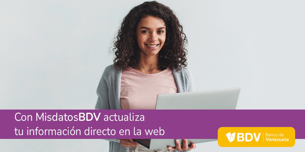 BcodeVenezuela's tweet photo. Actualiza tu información directo en nuestra página web con #MisdatosBDV 💻

Haz clic aquí 👉 https://t.co/MXIsRhIxbm 

¡Cada día te la ponemos más fácil! https://t.co/Qk0gj96m5B