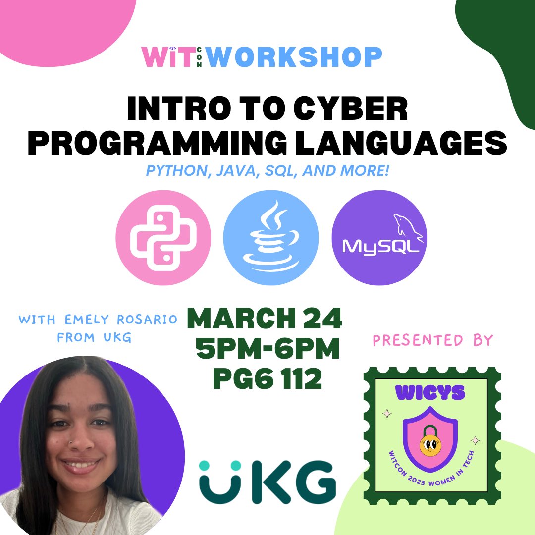 wicysfiu's tweet photo. Discover your cybersecurity potential!
Join Emily Rosario, FIU student and UKG Intern, at WiTCON’s Intro to Cyber Programming Languages workshop and explore key languages that are used in the cyber industry.
The more you know!👩💻💜
#witcon #wicys #cybersecurity https://t.co/POrE6s74K4