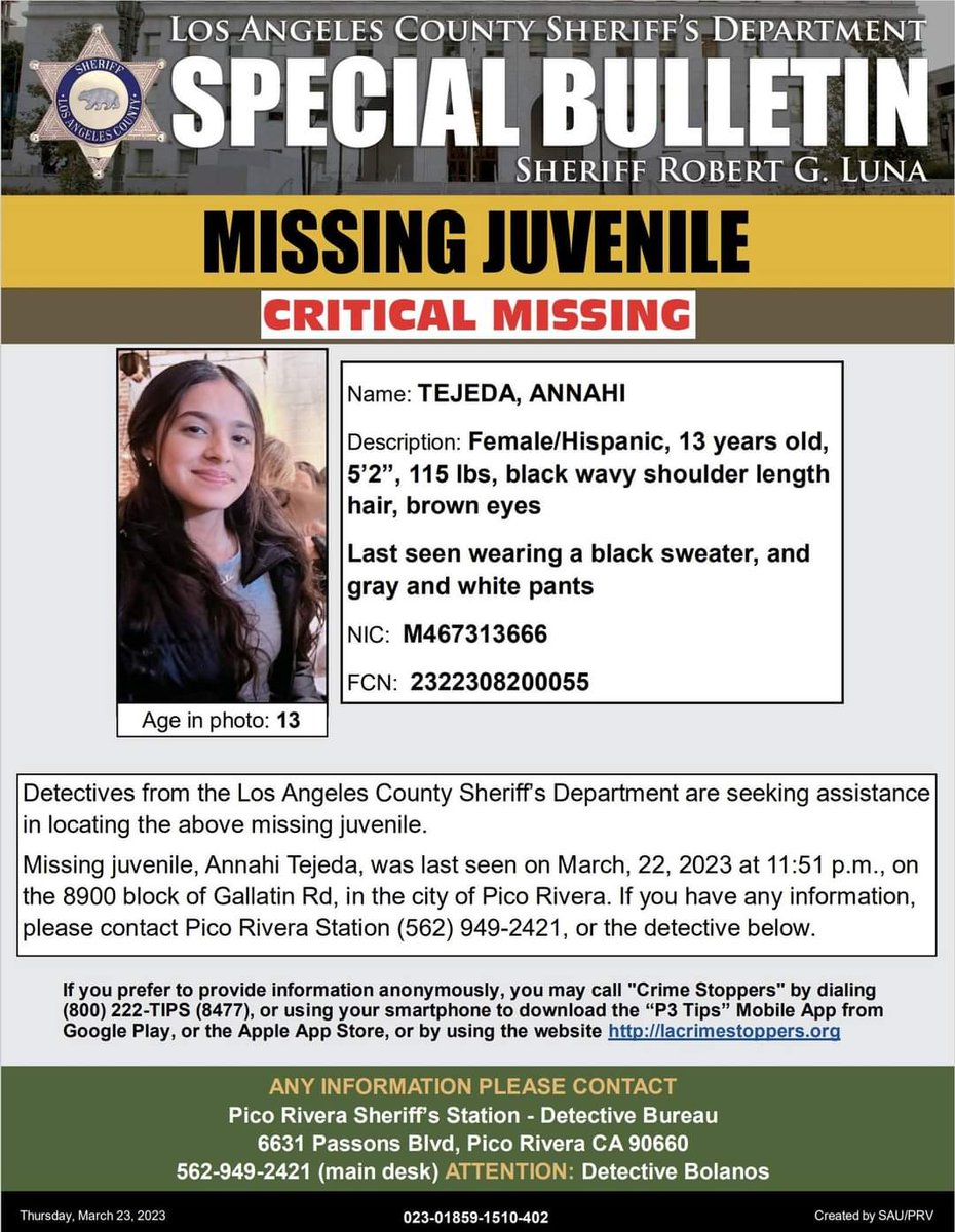 Sharing information from <a href="/PRVLASD/">LASD Pico Rivera Station</a>
and <a href="/LASDHQ/">LA County Sheriffs</a>

If you have any information, please contact Pico Rivera Station (562) 949-2421.