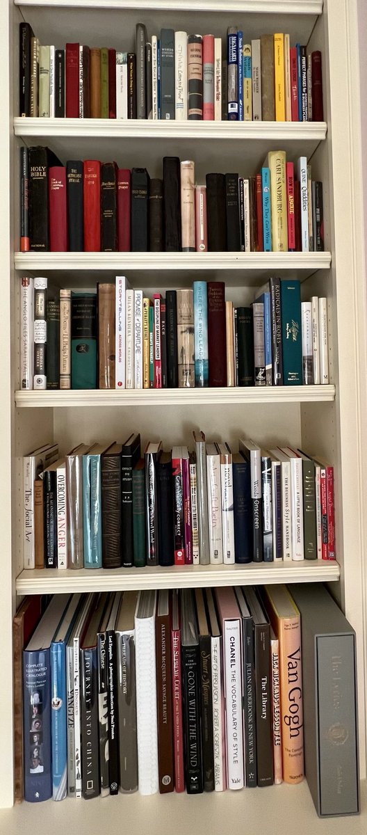 I should have said this photo is of five shelves in the guest bedroom in Karolyne’s and my house—the one where Justice Scalia always stayed. We sometimes call it the Scalia Guest Bedroom. I think it’s important to have interesting books for guests. #books #bookshelves