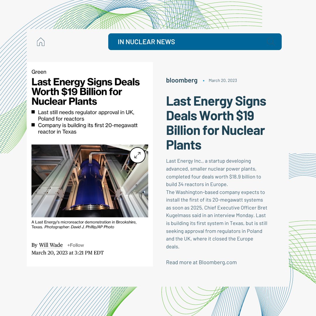 Sharing some of the latest in nuclear news 

✅As of March 20, 2023, Last Energy Signs Deals Worth $19 Billion for Nuclear Plants

#nuclear #nuclearfuel #bloomberg #inthenews #uranium #energycompany #uraniumcompany #isr