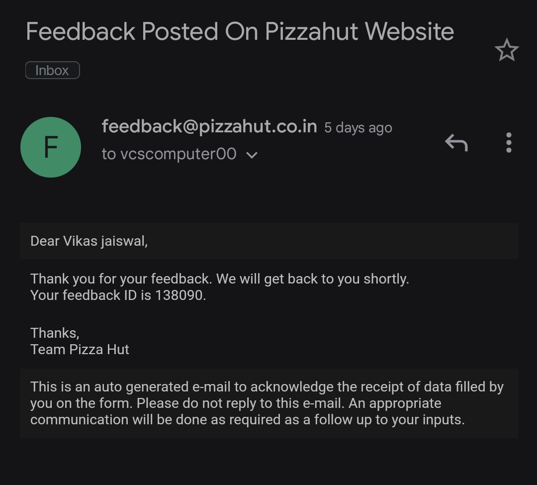 vcscomputer00's tweet image. Next week is going to end and that&apos;s the response of @PizzaHutIN no action or inquires at all. Only one message in my DM and mail with same text.

Dear @PizzaHutIN,

Please let me know who much time I have to wait.

Regards,
Vikas Jaiswal